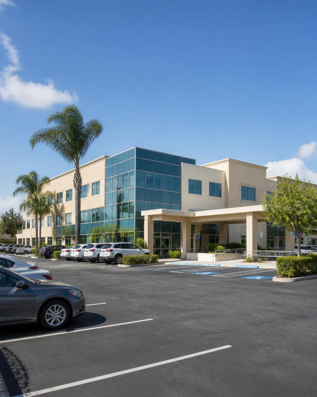 Medical office building with patient drop-off canopy and parking lot in daylight