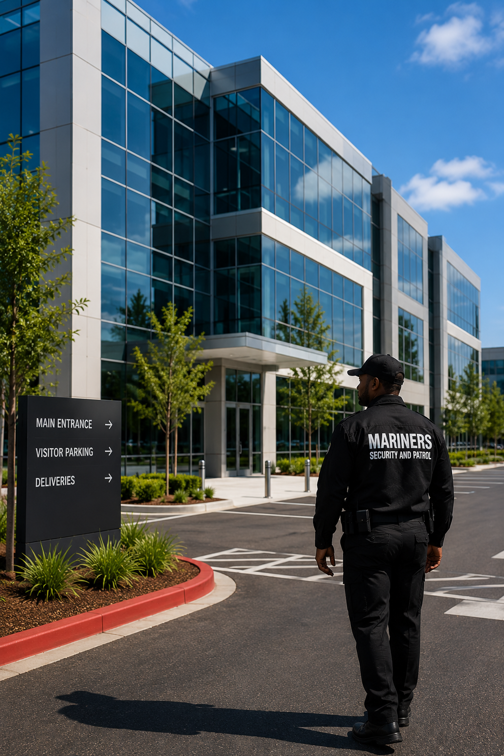 Mariners security officer patrolling a commercial office park entrance