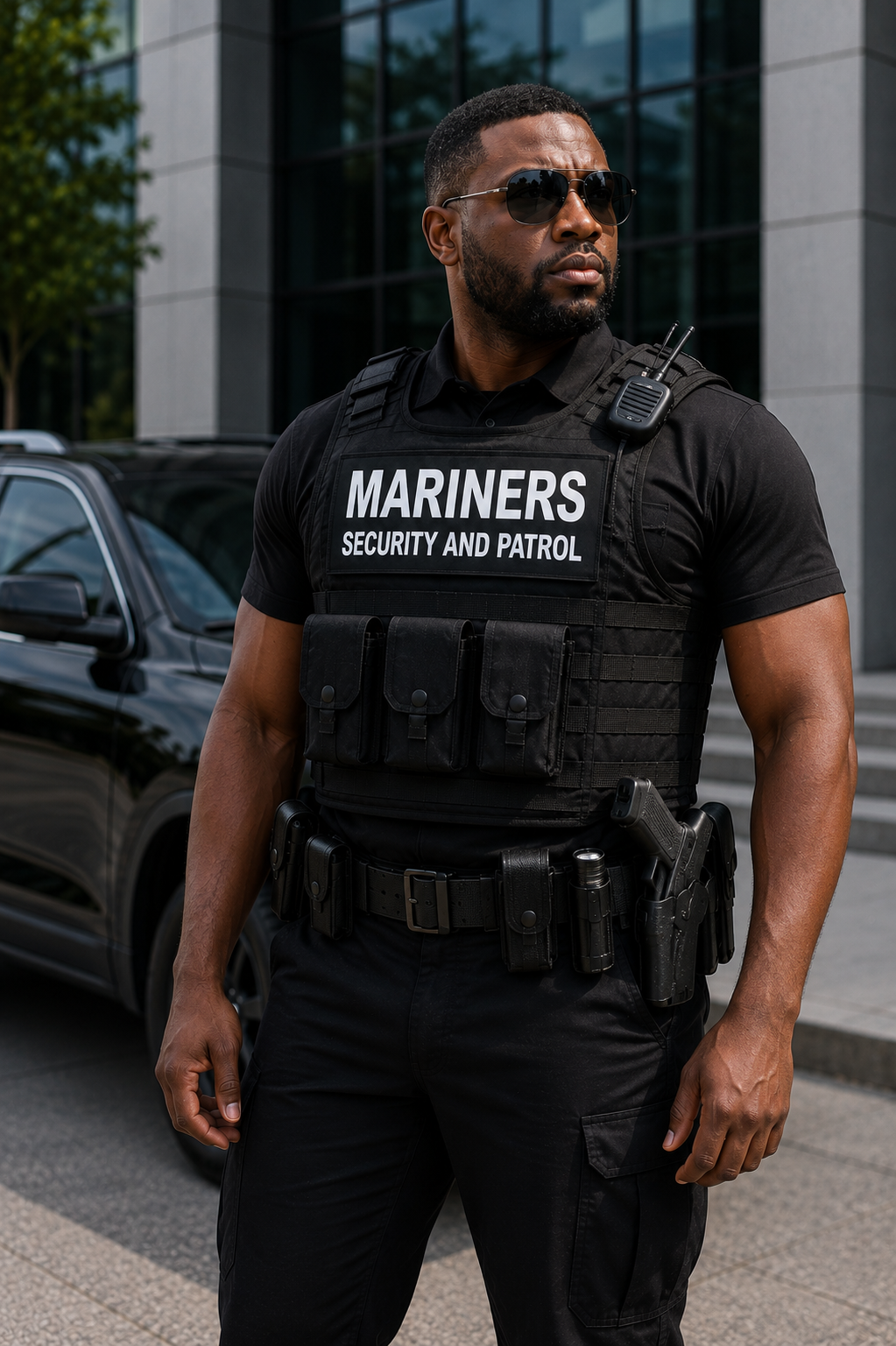 Armed Mariners security guard in tactical vest outside a commercial building