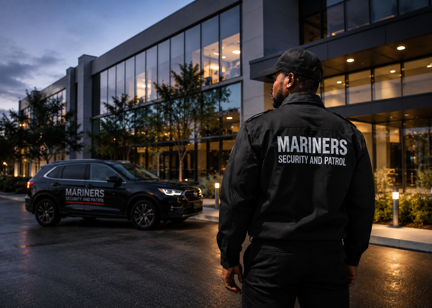 Mariners Security & Patrol officer standing outside a modern commercial building at dusk