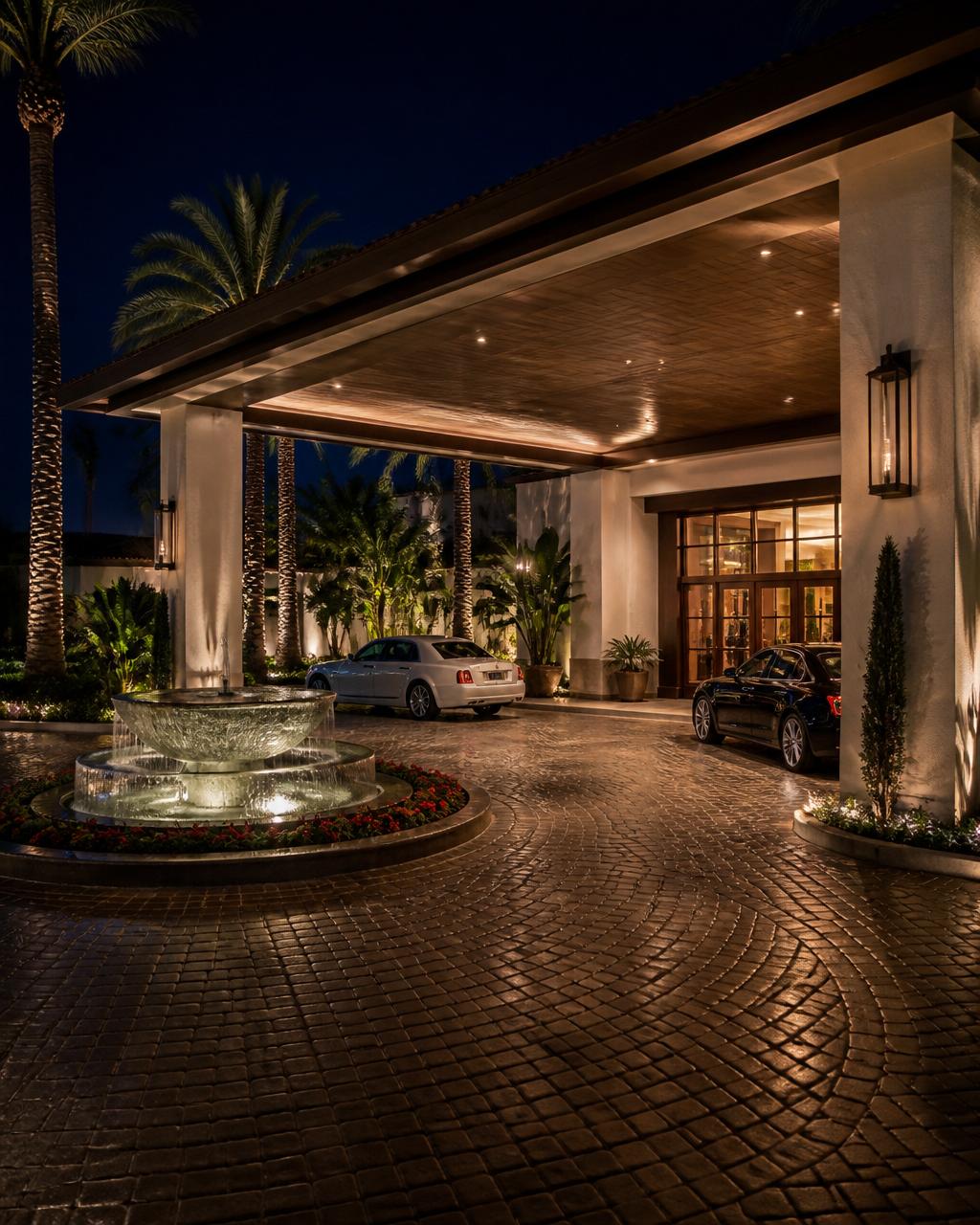 Luxury resort hotel porte-cochere and motor court at night