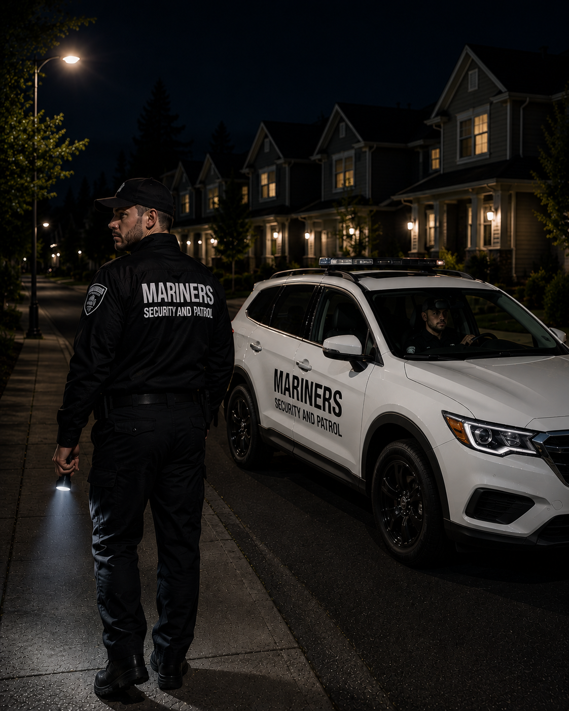 Mariners security patrol vehicle and officer on a residential street at night
