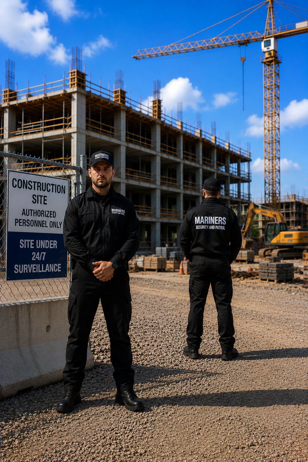 Two Mariners security guards monitoring a construction site under 24/7 surveillance