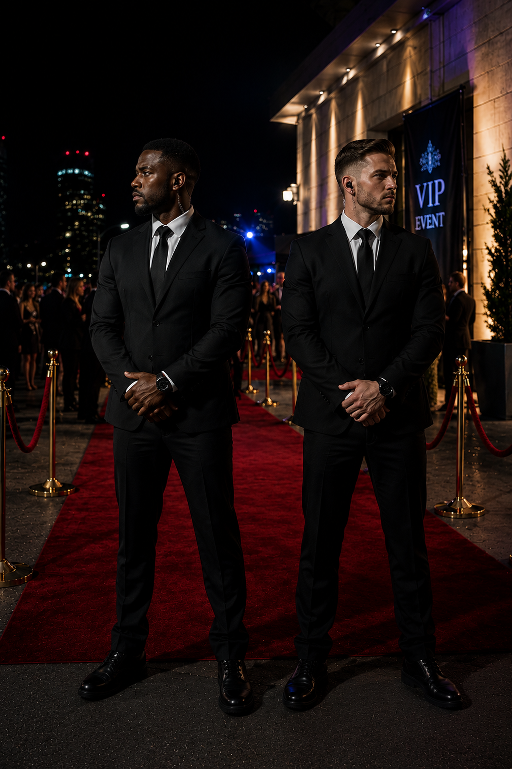 Two Mariners event security officers in suits at a red-carpet VIP event