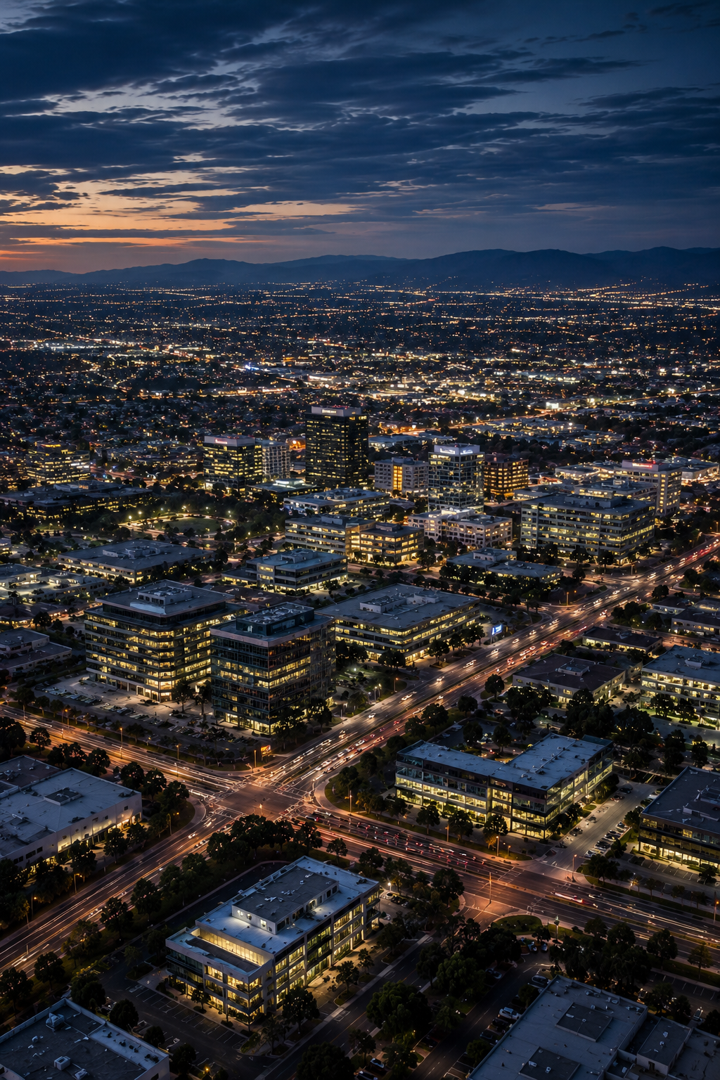 Aerial view of Orange County city lights at dusk